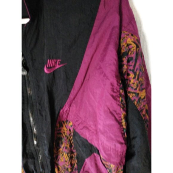 Vtg 80s Nike Track Jacket Women M Black Maroon Bold Pattern Festival Windbreaker - Picture 2 of 8